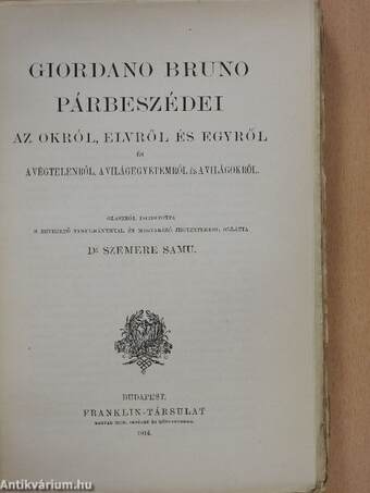 Giordano Bruno párbeszédei az Okról, Elvről és Egyről és a Végtelenről, a Világegyetemről és a Világokról