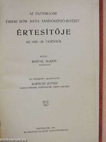 Az Esztergomi Érseki Róm. Kath. Tanítóképző-Intézet értesítője az 1928-29. tanévről