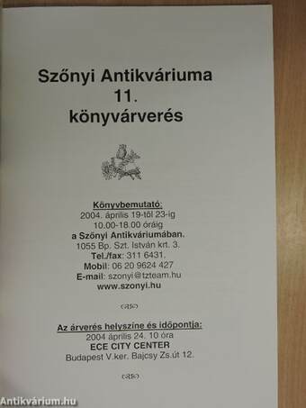 Szőnyi Antikváriuma 11. könyvárverés