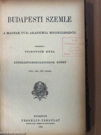 Budapesti Szemle 219. kötet 635-637. szám