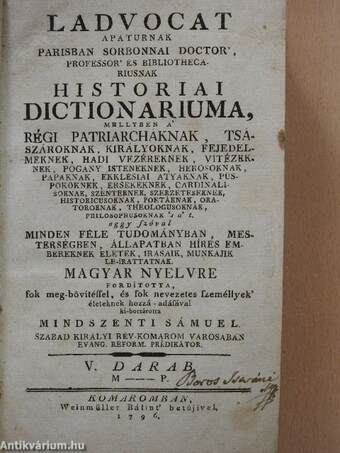 Ladvocat historiai dictionariuma V. (töredék)