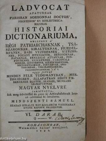 Ladvocat historiai dictionariuma VI. (töredék)