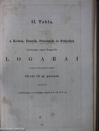 Hétjegyű közönséges logarai az 1-től 108000-ig terjedő számoknak valamint 10-től 10 M. perczre, minden körnegyedi szög keble-, pótkeble-, érintője-, és pótérintőjének/Közbeigtatási tábla az aránylagos részek kiszámítására I-III.