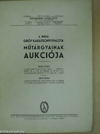 A budai gróf Karátsonyi Palota műtárgyainak aukciója 1937. február