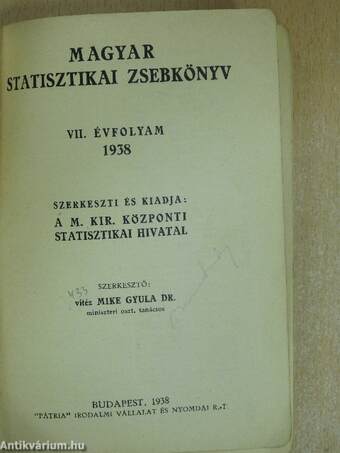 Magyar statisztikai zsebkönyv 1938.