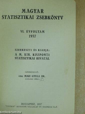 Magyar statisztikai zsebkönyv 1937.