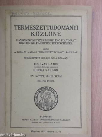 Természettudományi Közlöny 1922. szeptember 1.-október 15.