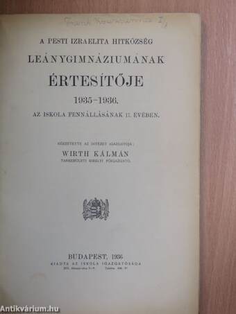 A Pesti Izraelita Hitközség Leánygimnáziumának értesítője 1935-1936.