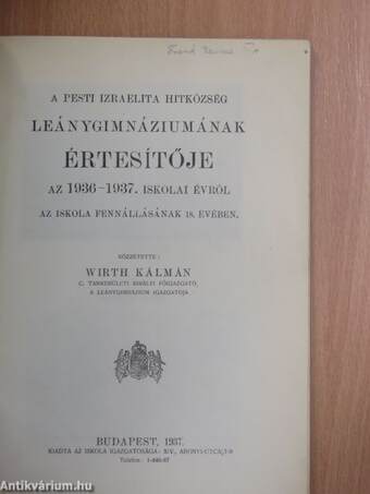 A Pesti Izraelita Hitközség Leánygimnáziumának értesítője az 1936-1937. iskolai évről