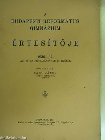 A Budapesti Református Gimnázium értesítője 1936-37.