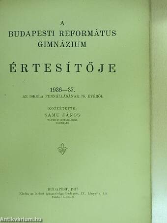 A Budapesti Református Gimnázium értesítője 1936-37.