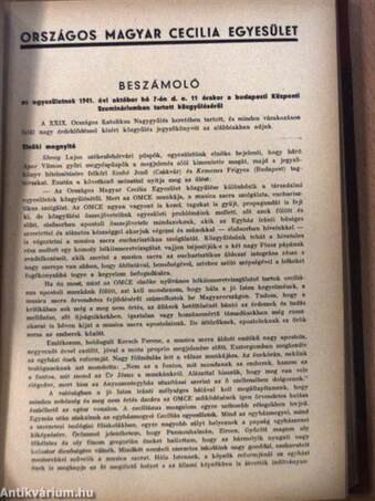 Országos Magyar Cecilia Egyesület Szerdai Összejövetelein elhangzott előadások 1942./Beszámoló 1941./Énekszó 1941-1942./Magyar Kórus 1941-1942. (vegyes számok) (20 db)