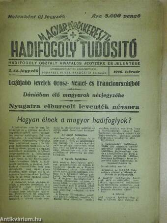 Magyar Vöröskereszt hadifogoly tudósító 1946. február 2. sz. jegyzék