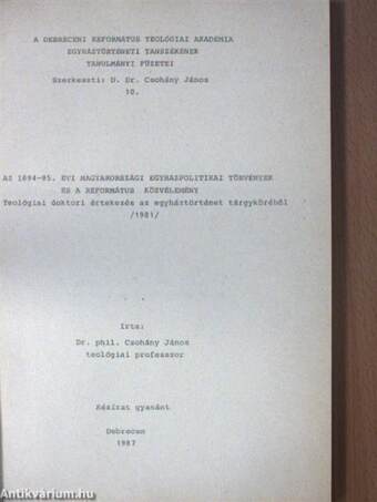 Az 1894-95. évi magyarországi egyházpolitikai törvények és a református közvélemény/Vázsonyi Vilmos a zsidóságért a recepciós mozgalomtól az ellenforradalmi rendszerig