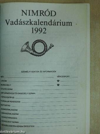 NIMRÓD Vadászkalendárium 1992.