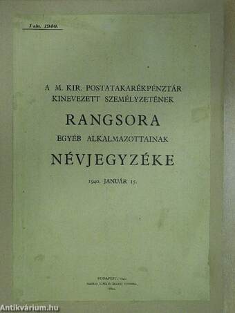 A M. Kir. Postatakarékpénztár kinevezett személyzetének rangsora, egyéb alkalmazottak névjegyzéke