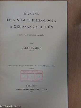 Hazánk és a német philologia a XIX. század elején