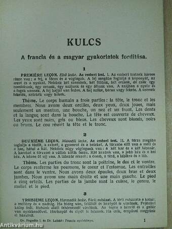 Kulcs Dr. Hegedűs I. és Dr. Latzkó H. francia nyelvkönyvéhez