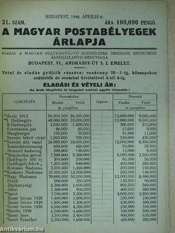 A magyar postabélyegek árlapja 1946. április 6.