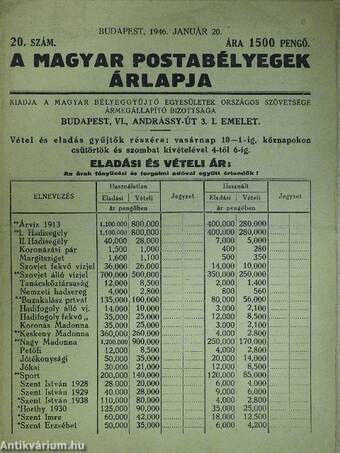 A magyar postabélyegek árlapja 1946. január 20.