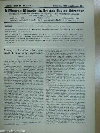 A Magyar Mérnök- és Építész-Egylet Közlönye 1939. szeptember 10.