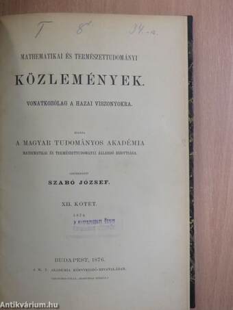 Mathematikai és természettudományi közlemények XII. (töredék)