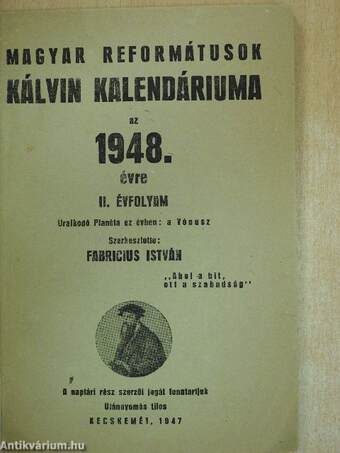 Magyar reformátusok Kálvin kalendáriuma az 1948. évre