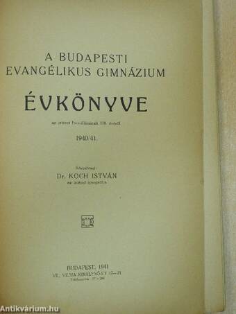 A Budapesti Evangélikus Gimnázium évkönyve 1940/41.