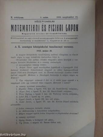 Középiskolai matematikai és fizikai lapok 1933. szeptember 15.