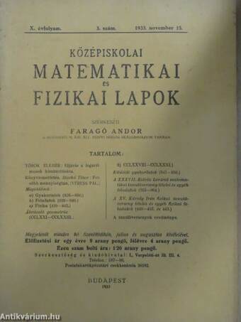 Középiskolai matematikai és fizikai lapok 1933. november 15.