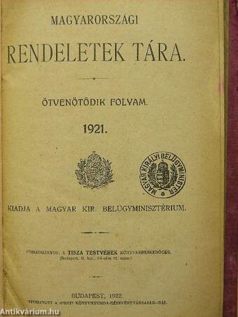 Magyarországi rendeletek tára 1921. I.