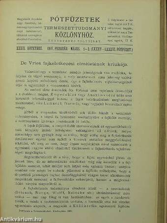 Természettudományi Közlöny 1907. január-december/Pótfüzetek a Természettudományi Közlönyhöz 1907. (nem teljes évfolyam)