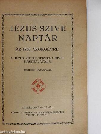 Jézus szive naptár az 1936. szökőévre