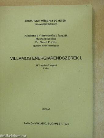 Villamos energiarendszerek I.