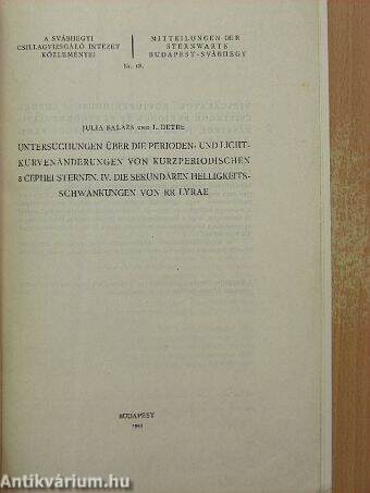 Mitteilungen der sternwarte Budapest-Svábhegy (VR. 18.)/A Svábhegyi Csillagvizsgáló Intézet közleményei 18. szám