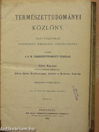 Természettudományi Közlöny 1895. január-december/Pótfüzetek a Természettudományi Közlönyhöz 1895. január-december