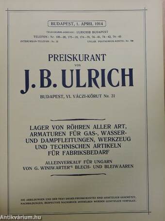 Ulrich B. J. cső-árjegyzék Budapest, 1914. április 1. (rossz állapotú)