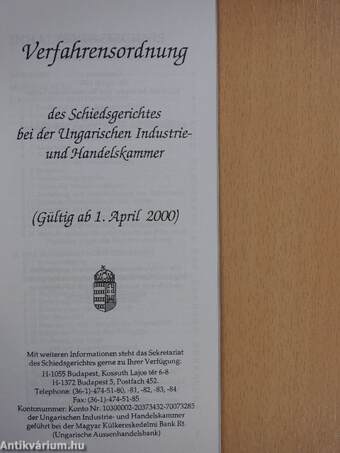 Verfahrensordnung des Schiedsgerichtes bei der Ungarischen Industrie- und Handelskammer