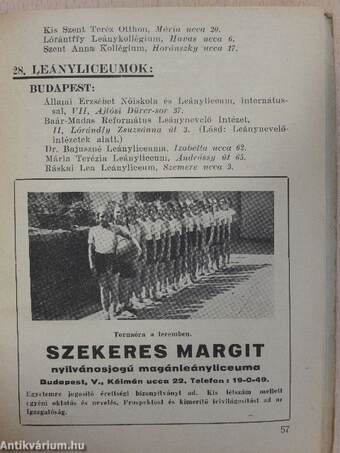 Tanintézetek, internátusok részletes tájékoztató cimtára 1935/36 tanévre