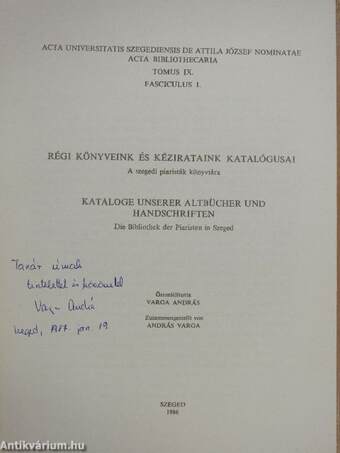 Acta Bibliothecaria Tomus IX. Fasciculus 1. (dedikált példány)