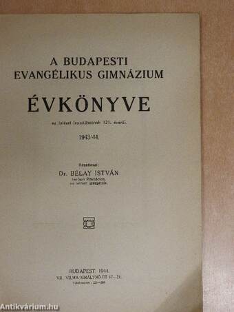 A Budapesti Evangélikus Gimnázium évkönyve 1943/44.