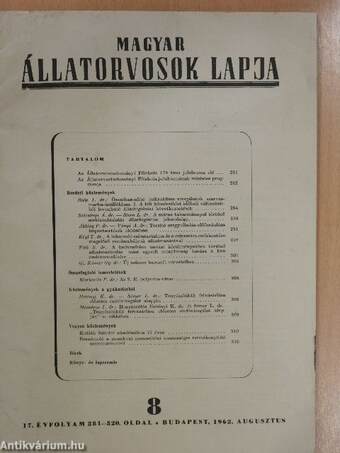 Magyar Állatorvosok Lapja 1962. augusztus