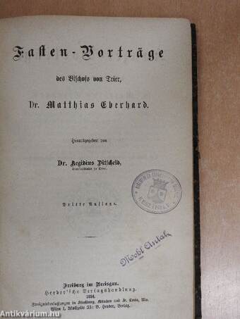 Fasten-Vorträge des Bischofs von Trier Dr. Matthias Eberhard I. (gótbetűs)