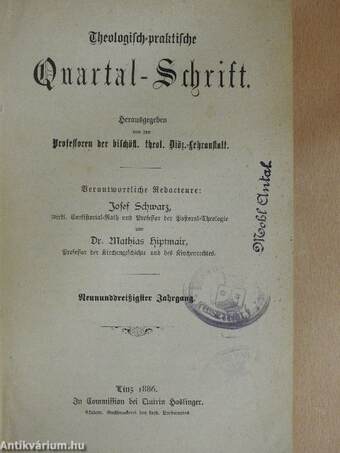 Theologisch-praktische Quartal-Schrift 1886/1-4. (gótbetűs)