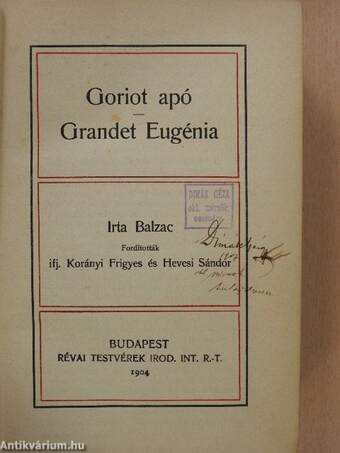 Goriot apó/Grandet Eugénia