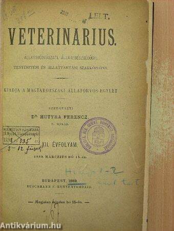 Veterinarius 1889. (nem teljes évfolyam)