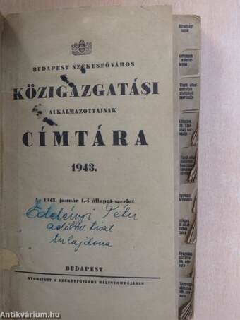 Budapest székesfőváros közigazgatási alkalmazottainak címtára 1943