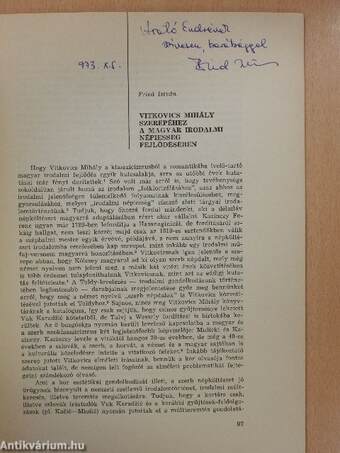 Vitkovics Mihály szerepéhez a magyar irodalmi népiesség fejlődésében (dedikált példány)
