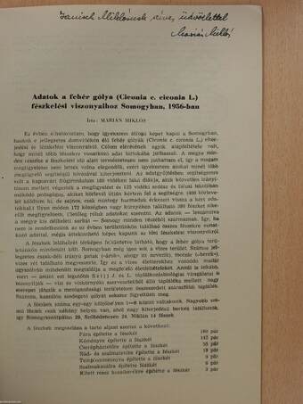 Adatok a fehér gólya (Ciconia C. Ciconai L.) fészkelési viszonyaihoz Somogyban, 1956-ban (dedikált példány)