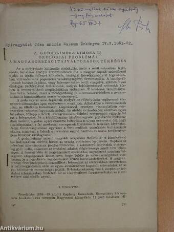 A goda (Limosa Limosa L.) ökológiai problémái a magyarországi tájváltozások tükrében (dedikált példány)
